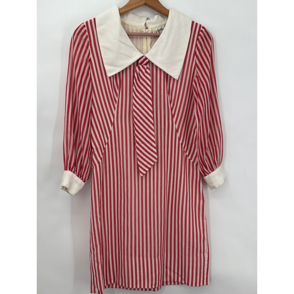 Vintage Jonathan Logan Petite Red White Striped Dress Tie Collar Mod 60s Style